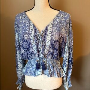 Angie Blue Floral Blouse with Tassel Detail